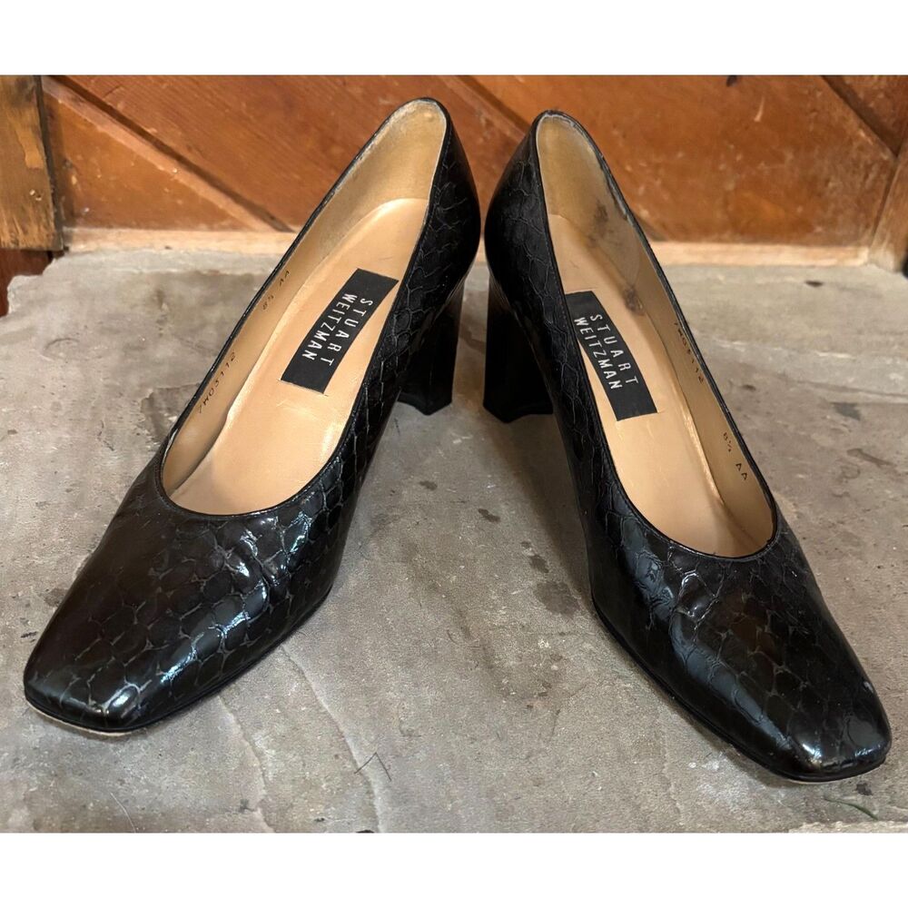 Stuart Weitzman Black Embossed Leather Square Toe Pumps Heels Women's 8.5
